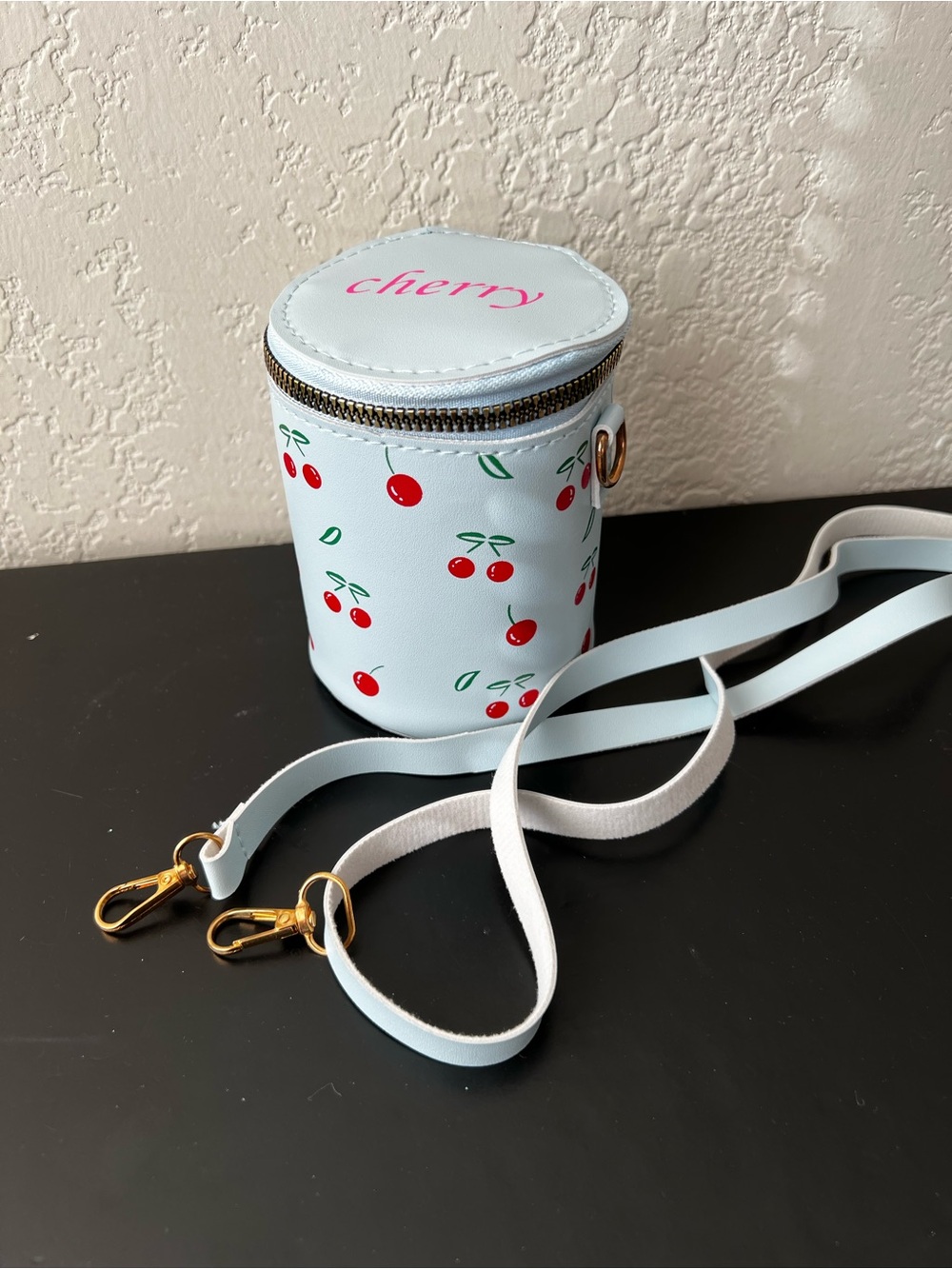 Cherry Print Kids Crossbody Bag - Light Blue with Red Cherries